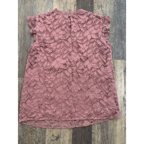 Loft Outlet Women Mauve Pink Floral Lace Flutter Sleeve Mock Neck Blouse Large - Picture 5 of 5
